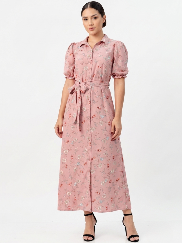 VESTIDO CAMISERO CON CINTURON ASIA ROSA FLOREADO