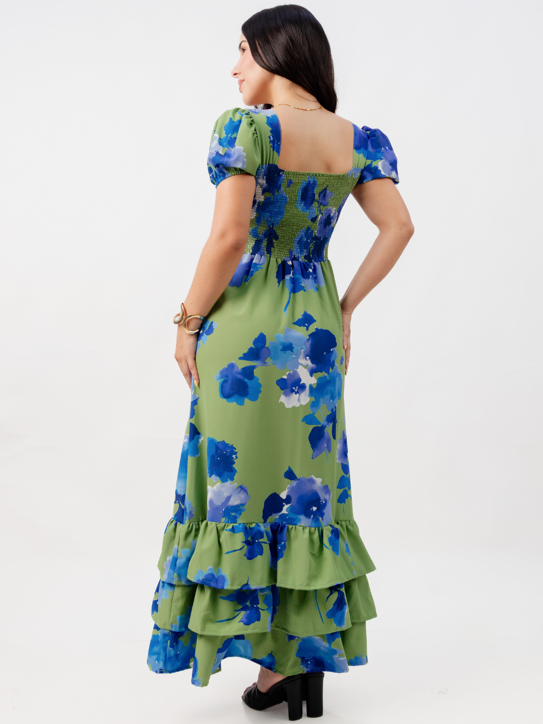 VESTIDO CASUAL CON BOBOS EN LA FALDA RUBI VERDE FLOREADO