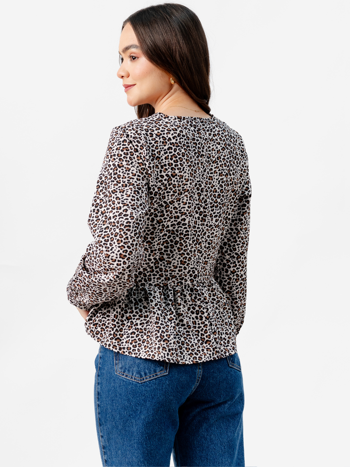 BLUSA PEPLUM MANGA LARGA BEATRIZ ANIMAL PRINT