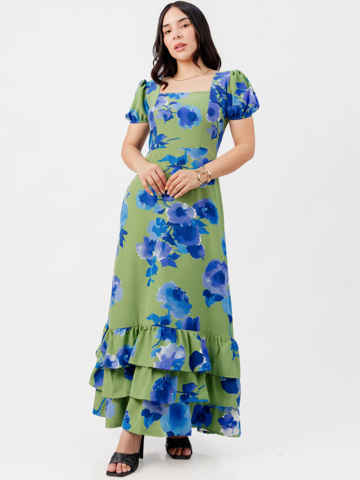 VESTIDO CASUAL CON BOBOS EN LA FALDA RUBI VERDE FLOREADO