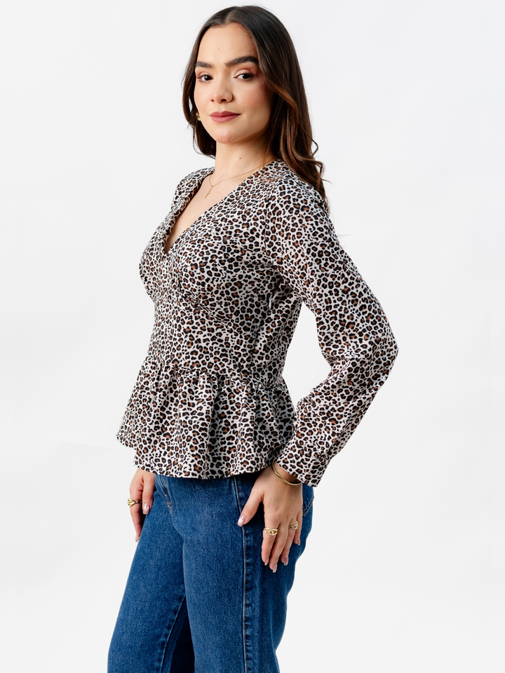 BLUSA PEPLUM MANGA LARGA BEATRIZ ANIMAL PRINT