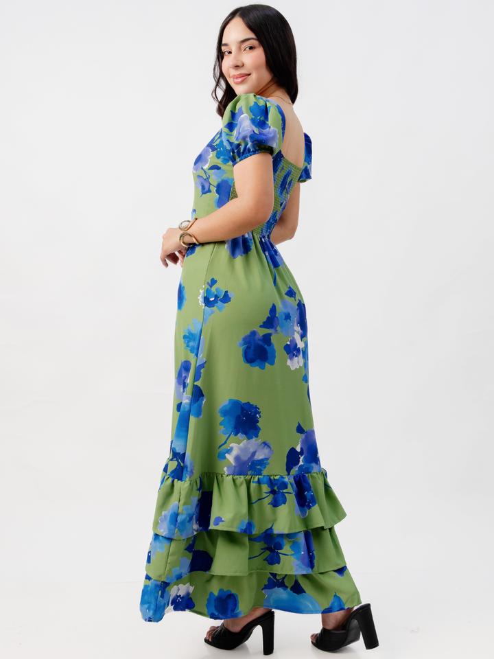 VESTIDO CASUAL CON BOBOS EN LA FALDA RUBI VERDE FLOREADO