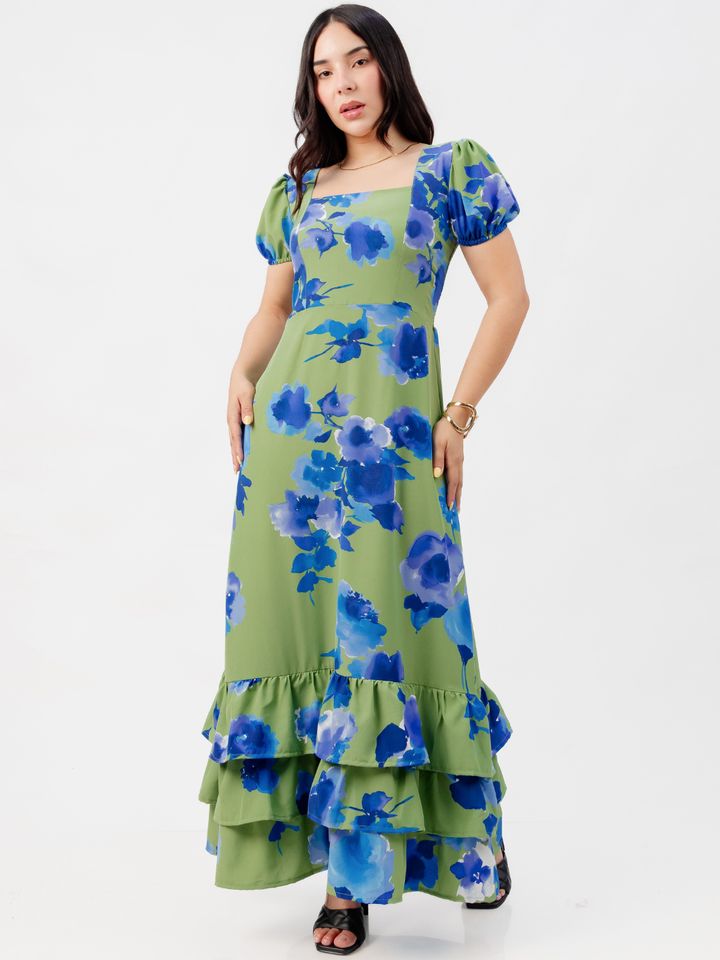 VESTIDO CASUAL CON BOBOS EN LA FALDA RUBI VERDE FLOREADO