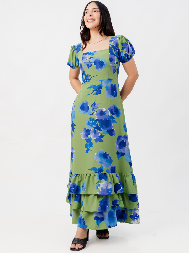 VESTIDO CASUAL CON BOBOS EN LA FALDA RUBI VERDE FLOREADO