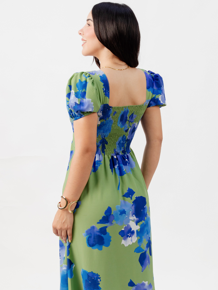 VESTIDO CASUAL CON BOBOS EN LA FALDA RUBI VERDE FLOREADO