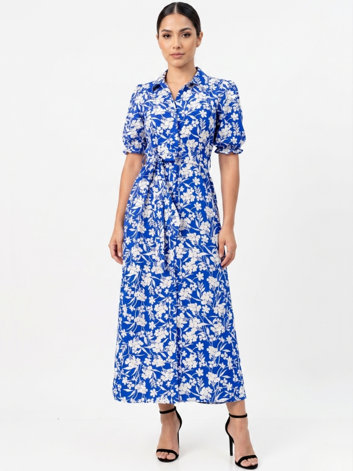VESTIDO CAMISERO CON CINTURON ASIA AZULINO FLOREADO