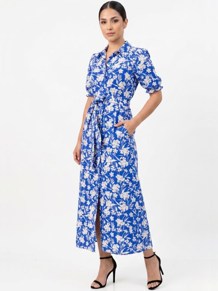 VESTIDO CAMISERO CON CINTURON ASIA AZULINO FLOREADO